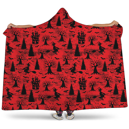 Red And Black Horror Witch Pattern Print Hooded Blanket