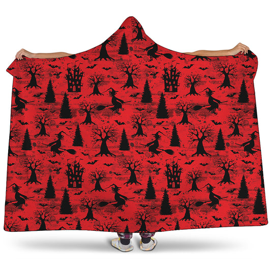 Red And Black Horror Witch Pattern Print Hooded Blanket
