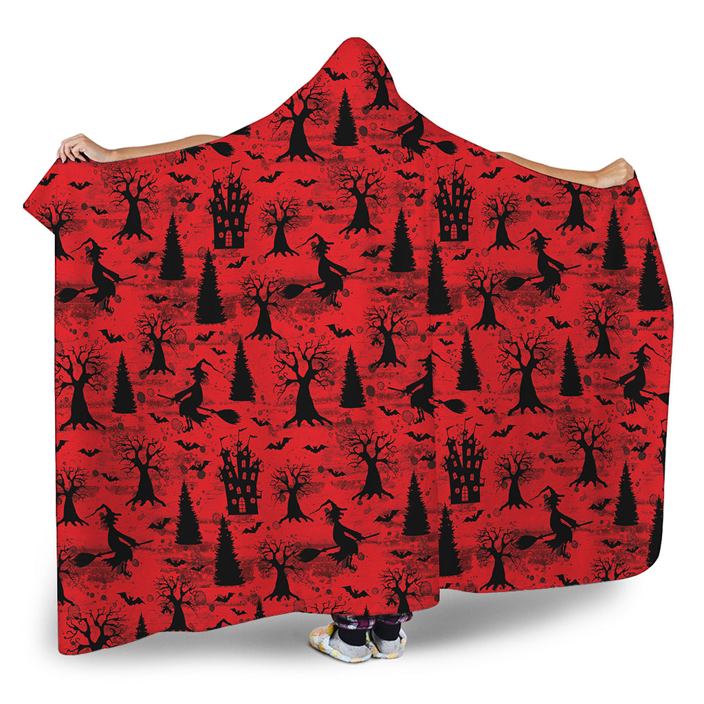 Red And Black Horror Witch Pattern Print Hooded Blanket