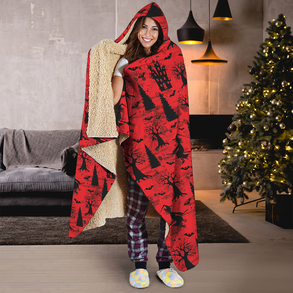 Red And Black Horror Witch Pattern Print Hooded Blanket
