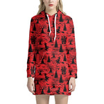 Red And Black Horror Witch Pattern Print Hoodie Dress