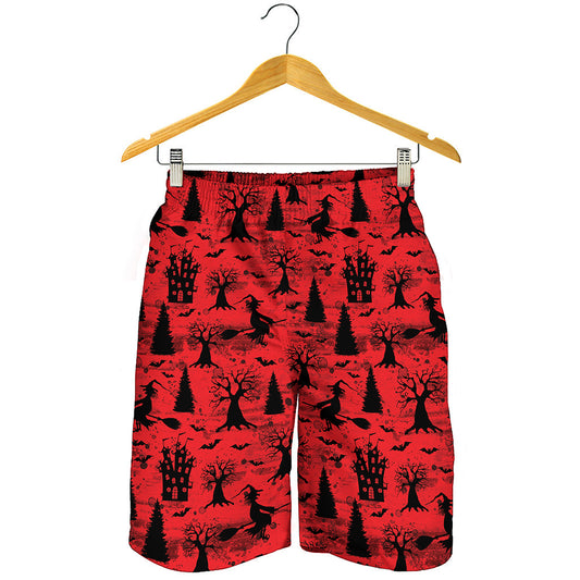 Red And Black Horror Witch Pattern Print Men's Shorts