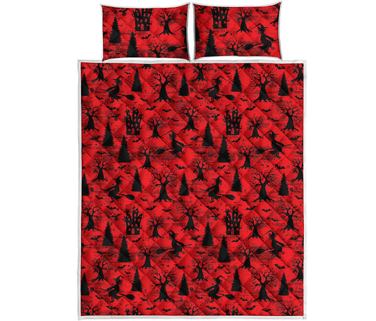 Red And Black Horror Witch Pattern Print Quilt Bed Set
