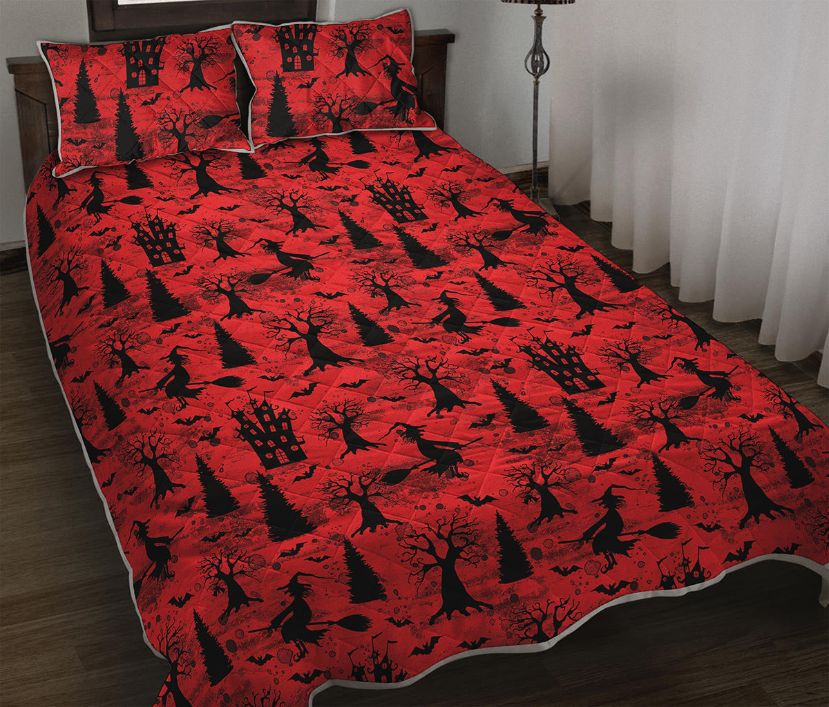 Red And Black Horror Witch Pattern Print Quilt Bed Set