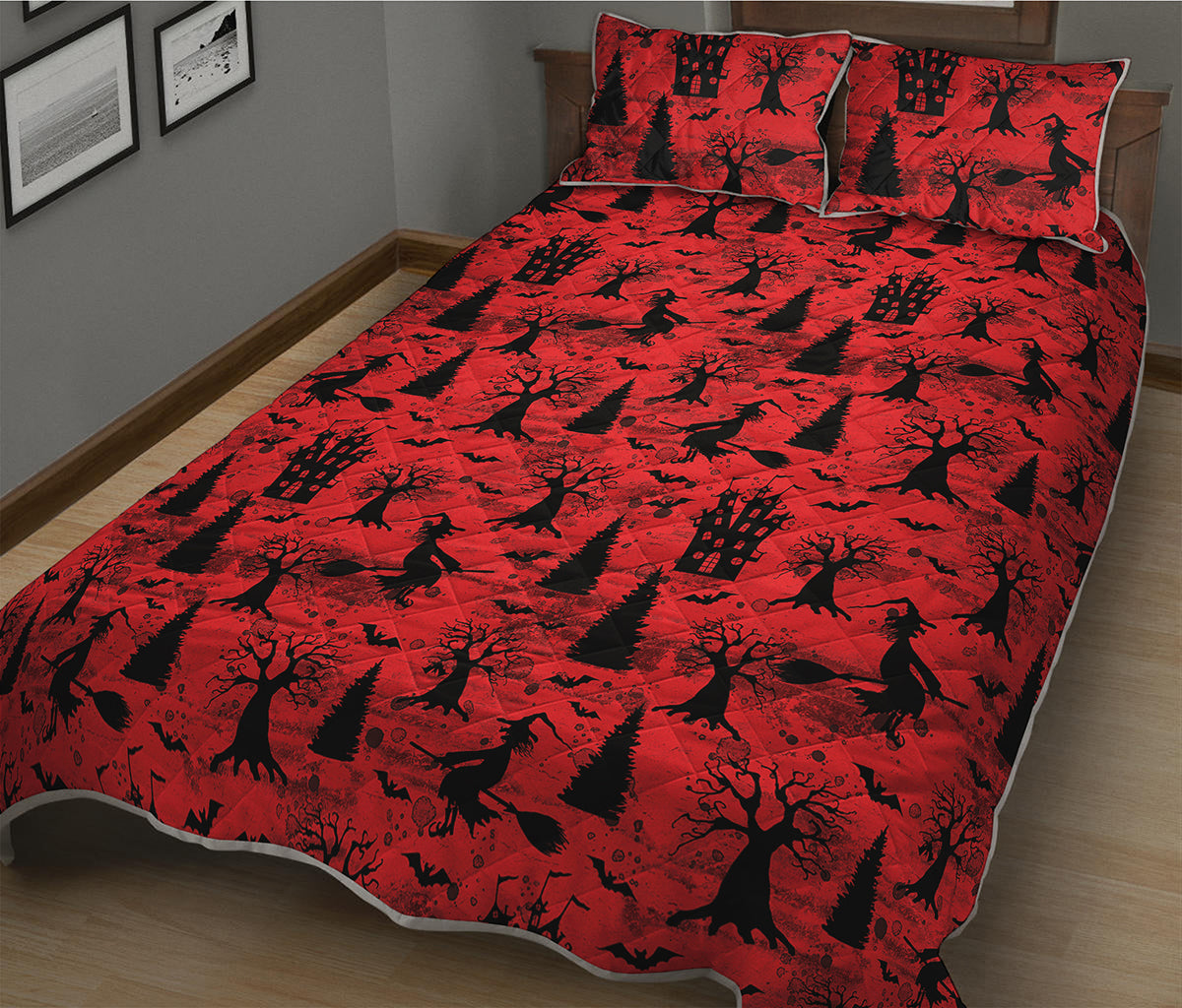 Red And Black Horror Witch Pattern Print Quilt Bed Set