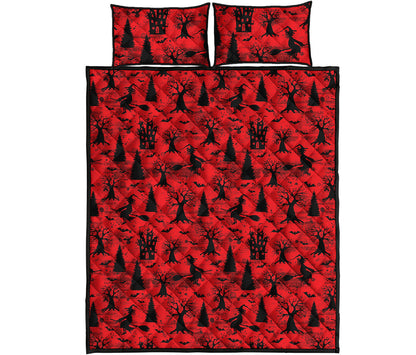 Red And Black Horror Witch Pattern Print Quilt Bed Set