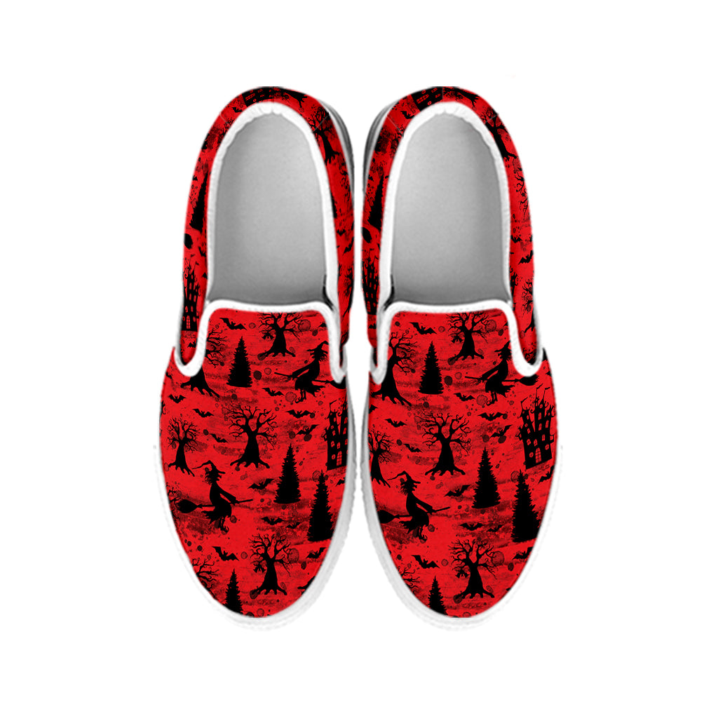 Red And Black Horror Witch Pattern Print White Slip On Shoes