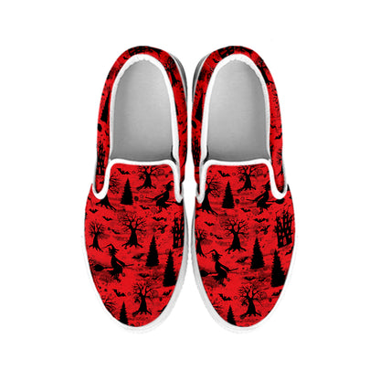 Red And Black Horror Witch Pattern Print White Slip On Shoes
