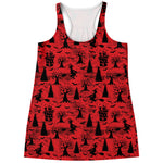 Red And Black Horror Witch Pattern Print Women's Racerback Tank Top