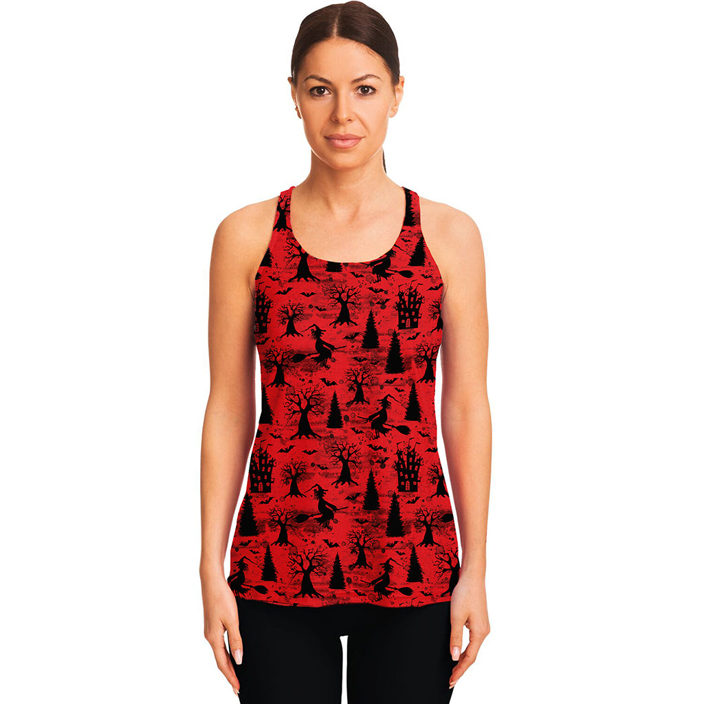 Red And Black Horror Witch Pattern Print Women's Racerback Tank Top
