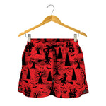 Red And Black Horror Witch Pattern Print Women's Shorts