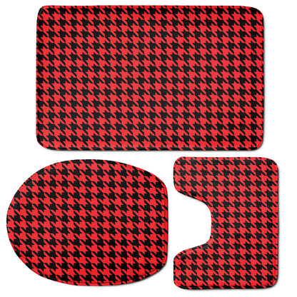 Red And Black Houndstooth Pattern Print 3 Piece Bath Mat Set