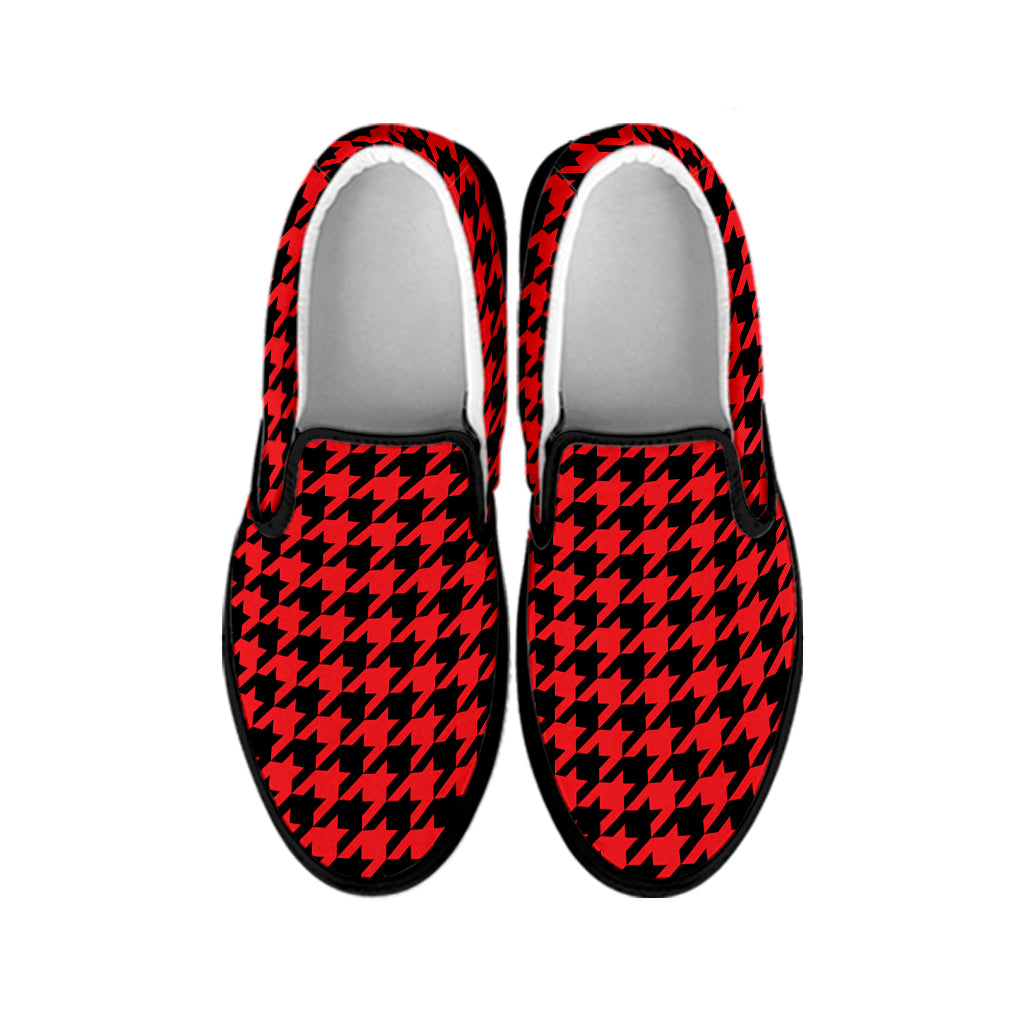 Red And Black Houndstooth Pattern Print Black Slip On Shoes
