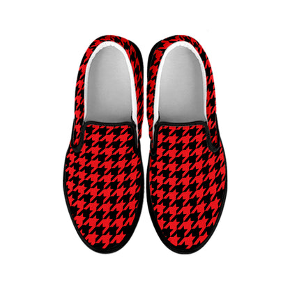 Red And Black Houndstooth Pattern Print Black Slip On Shoes