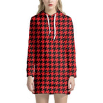 Red And Black Houndstooth Pattern Print Hoodie Dress