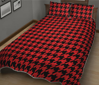 Red And Black Houndstooth Pattern Print Quilt Bed Set
