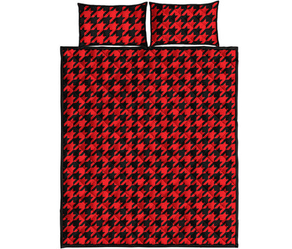 Red And Black Houndstooth Pattern Print Quilt Bed Set
