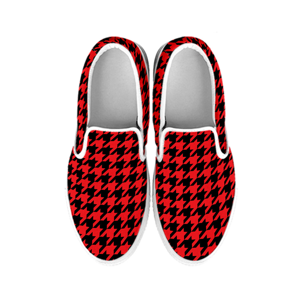 Red And Black Houndstooth Pattern Print White Slip On Shoes