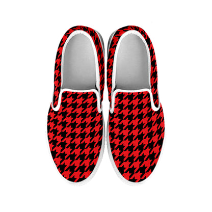 Red And Black Houndstooth Pattern Print White Slip On Shoes