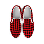 Red And Black Houndstooth Pattern Print White Slip On Shoes