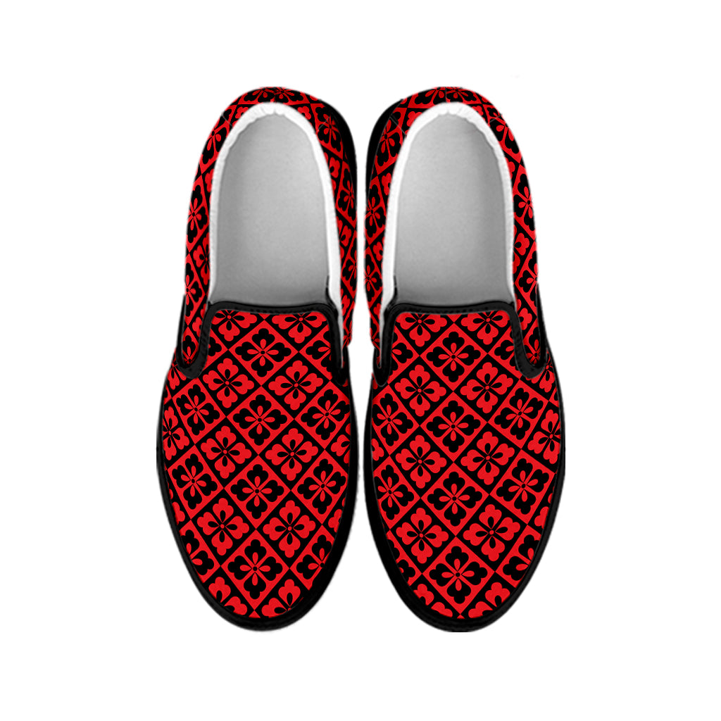 Red And Black Japanese Pattern Print Black Slip On Shoes