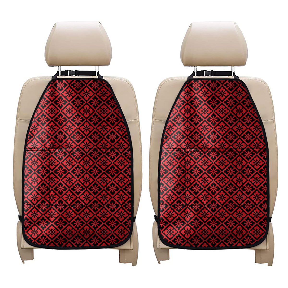 Red And Black Japanese Pattern Print Car Seat Organizers