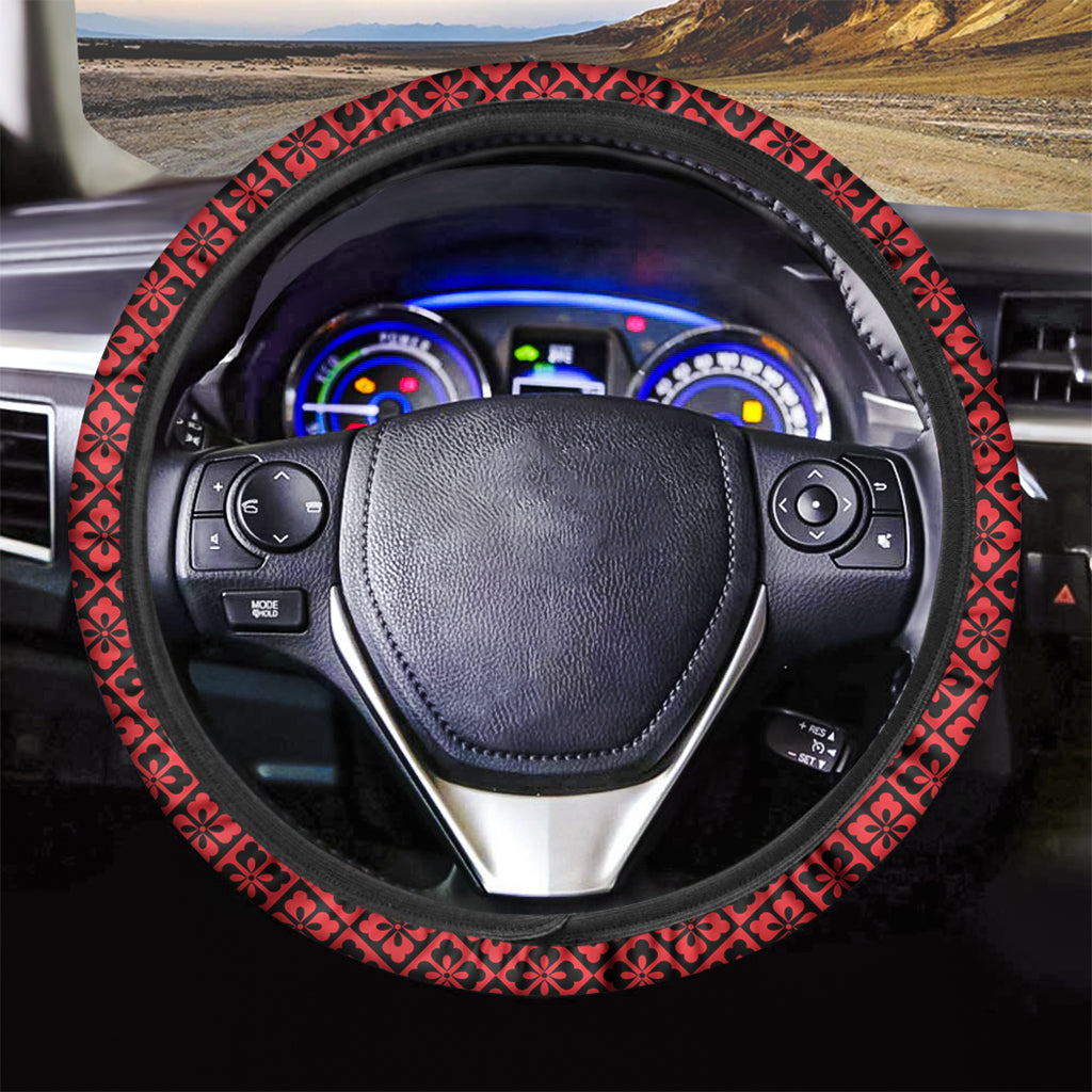 Red And Black Japanese Pattern Print Car Steering Wheel Cover