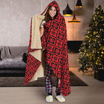 Red And Black Japanese Pattern Print Hooded Blanket