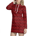 Red And Black Japanese Pattern Print Hoodie Dress
