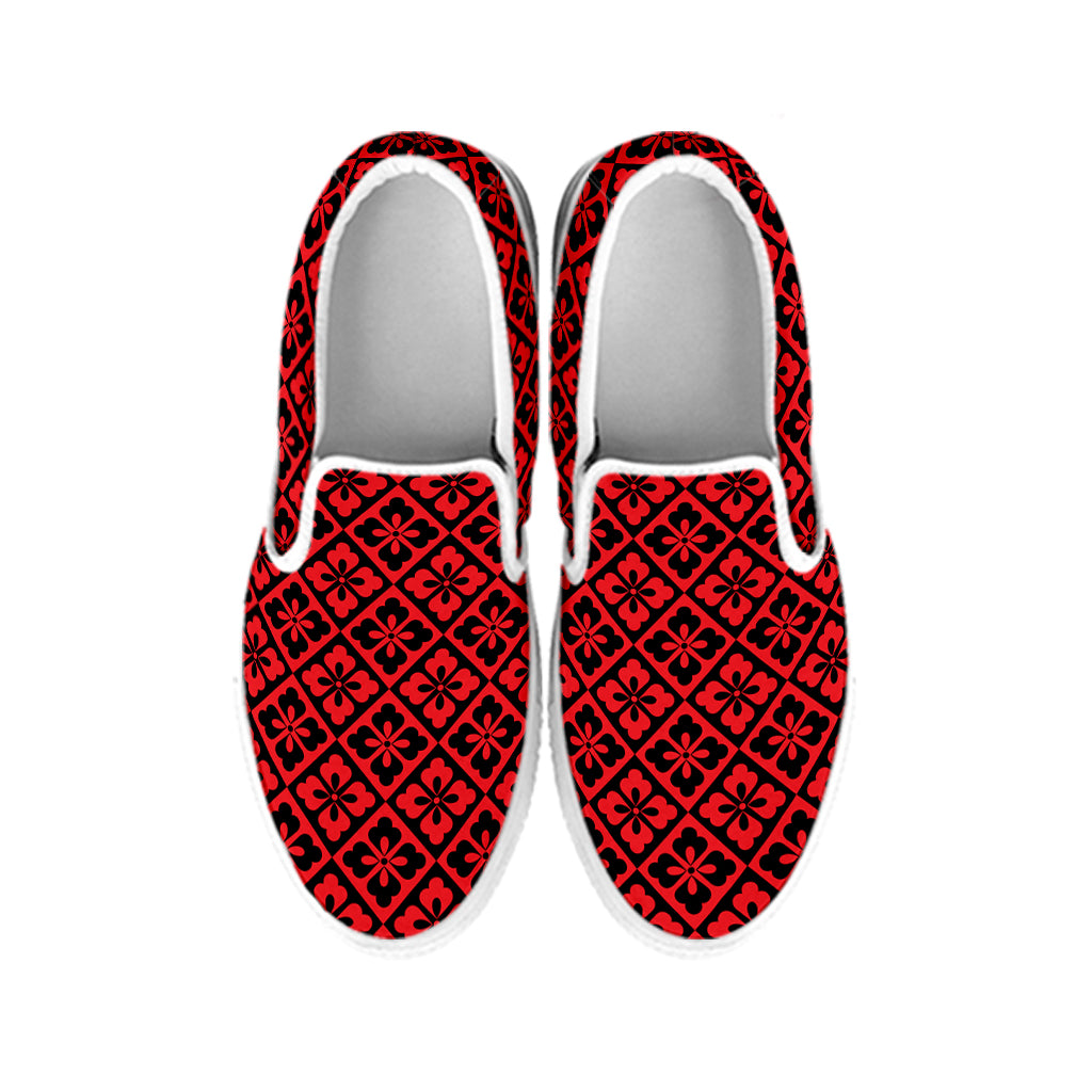 Red And Black Japanese Pattern Print White Slip On Shoes