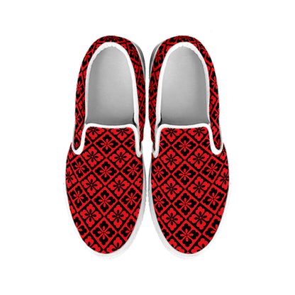 Red And Black Japanese Pattern Print White Slip On Shoes