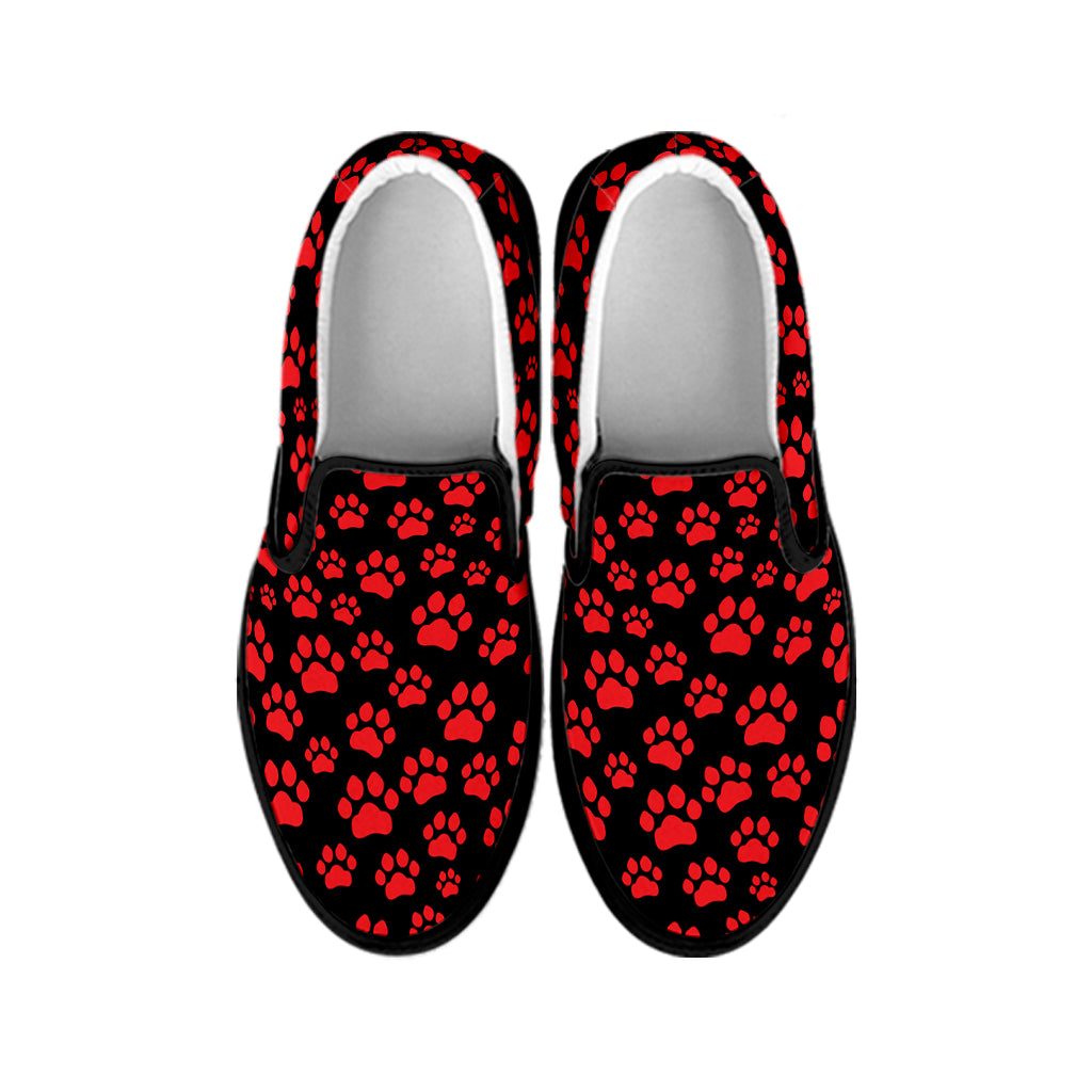 Red And Black Paw Pattern Print Black Slip On Shoes