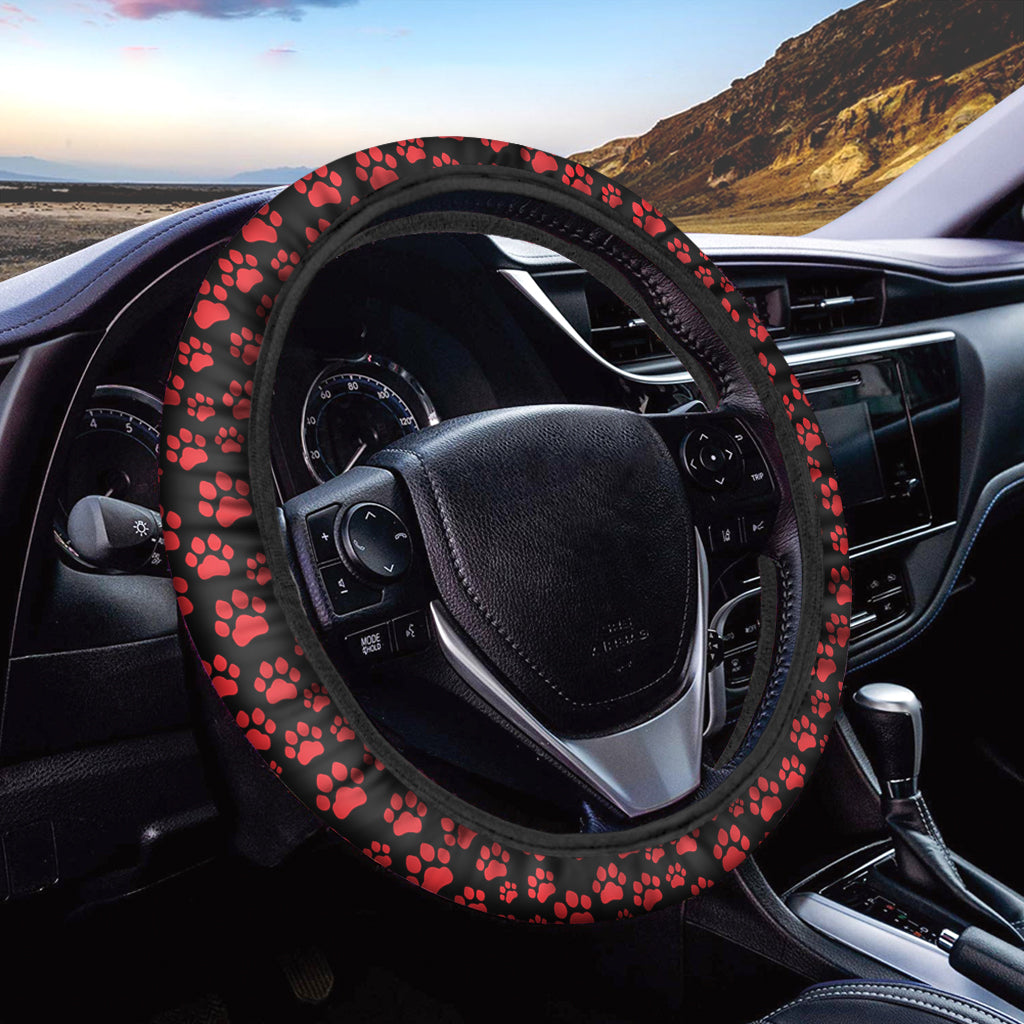 Red And Black Paw Pattern Print Car Steering Wheel Cover