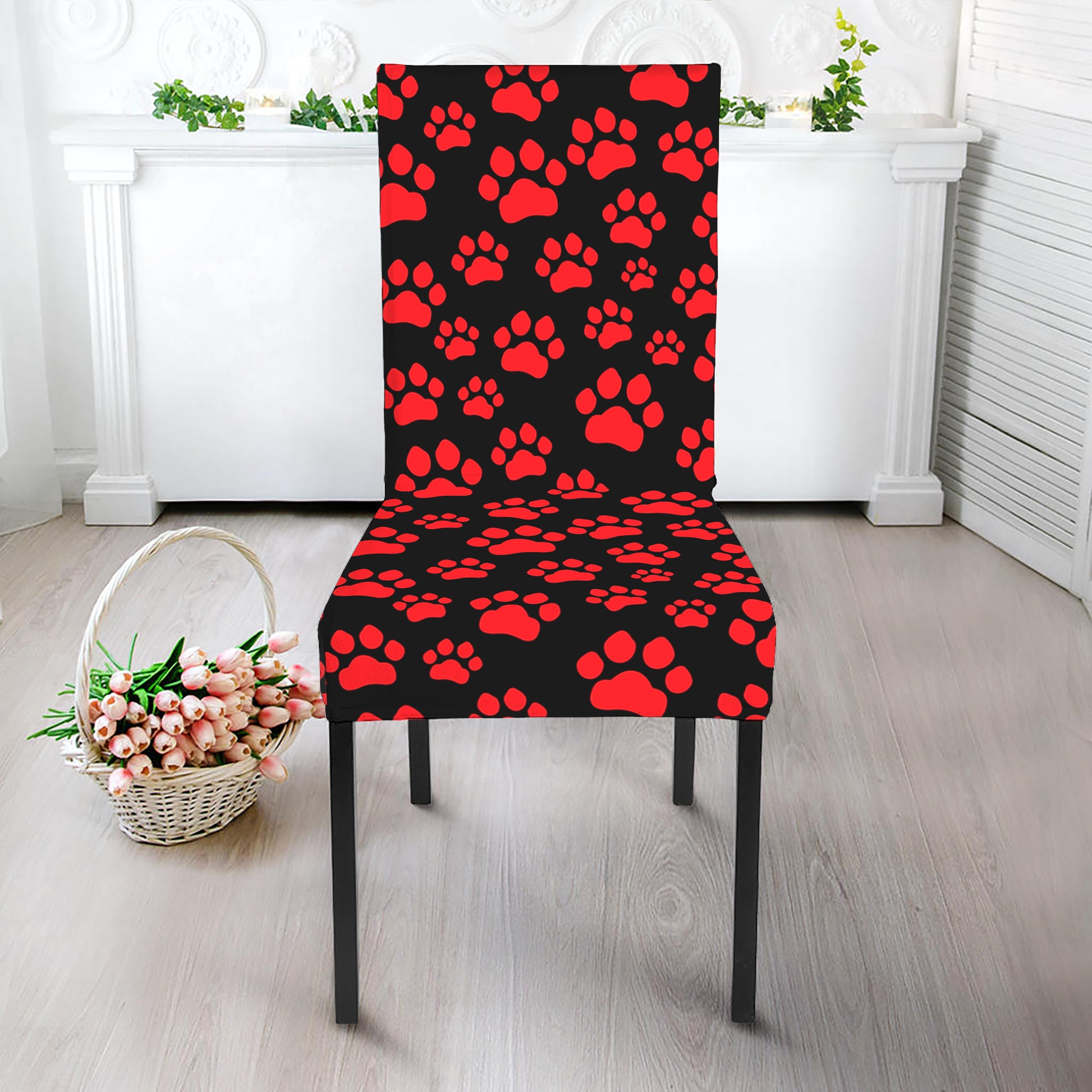 Red And Black Paw Pattern Print Dining Chair Slipcover