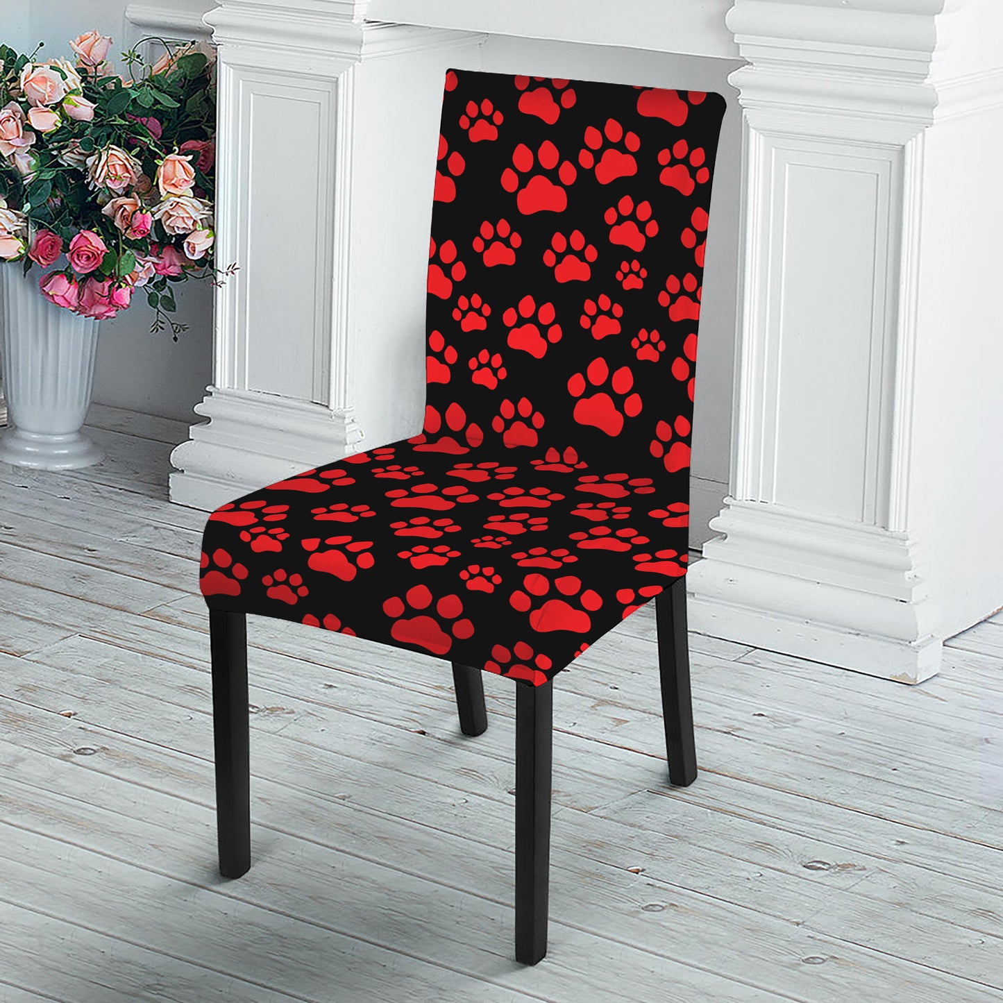 Red And Black Paw Pattern Print Dining Chair Slipcover