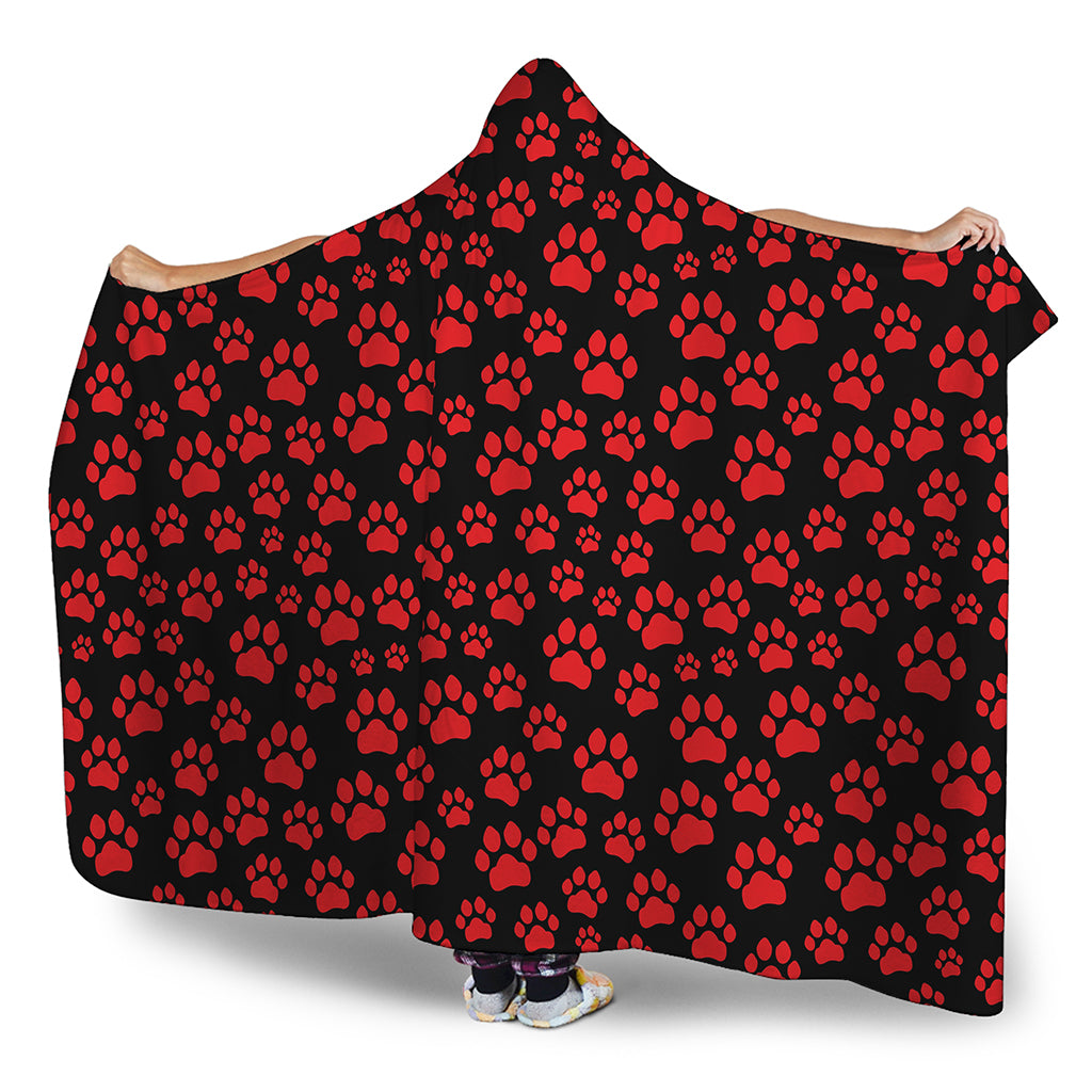 Red And Black Paw Pattern Print Hooded Blanket