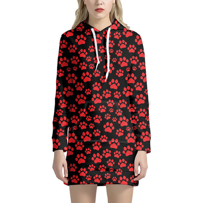 Red And Black Paw Pattern Print Hoodie Dress