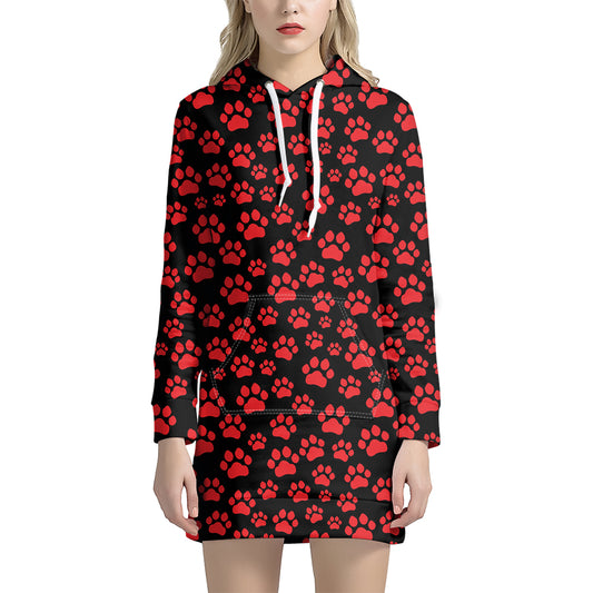 Red And Black Paw Pattern Print Hoodie Dress