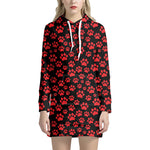Red And Black Paw Pattern Print Hoodie Dress