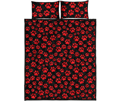 Red And Black Paw Pattern Print Quilt Bed Set
