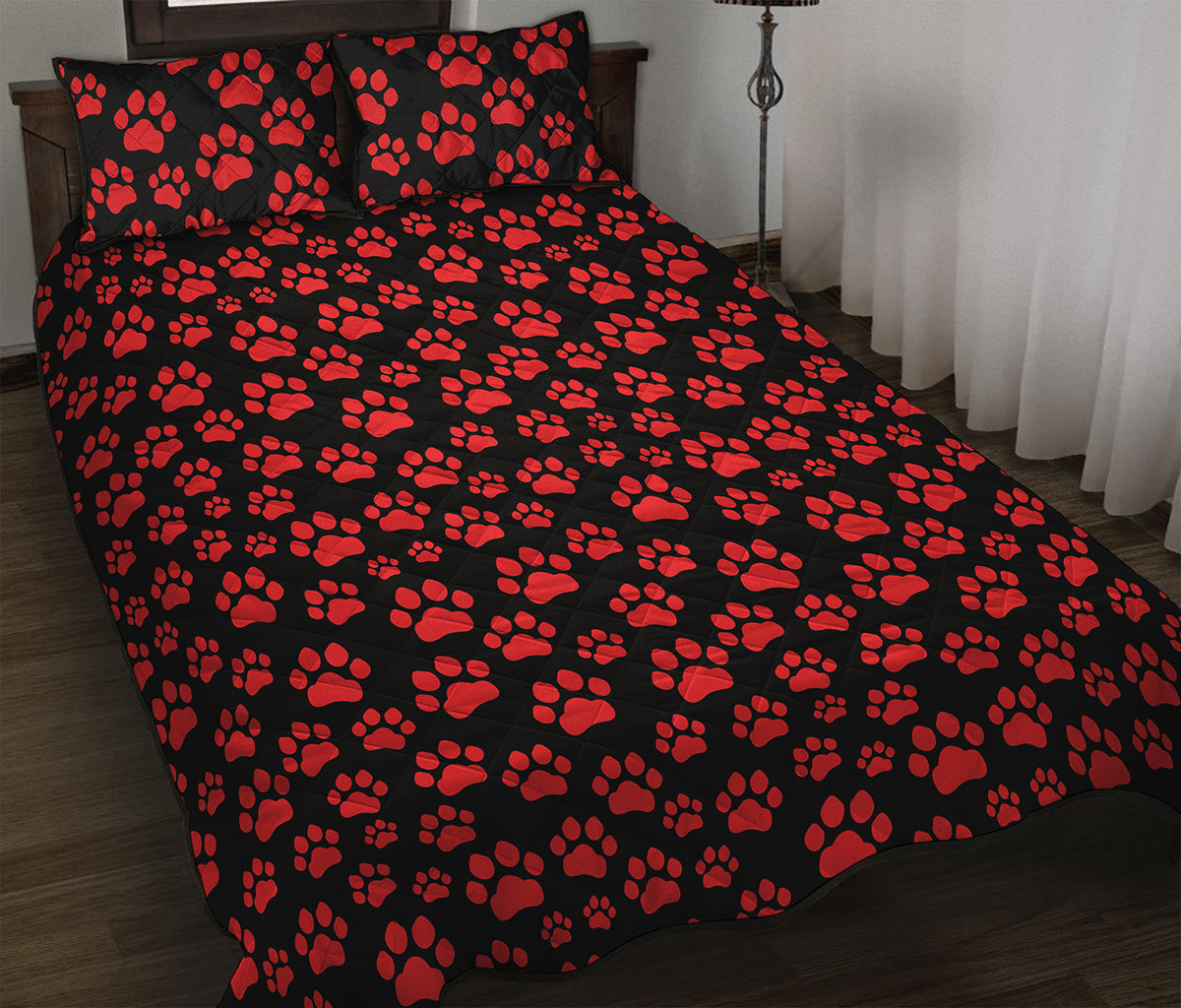 Red And Black Paw Pattern Print Quilt Bed Set