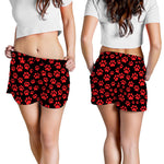 Red And Black Paw Pattern Print Women's Shorts