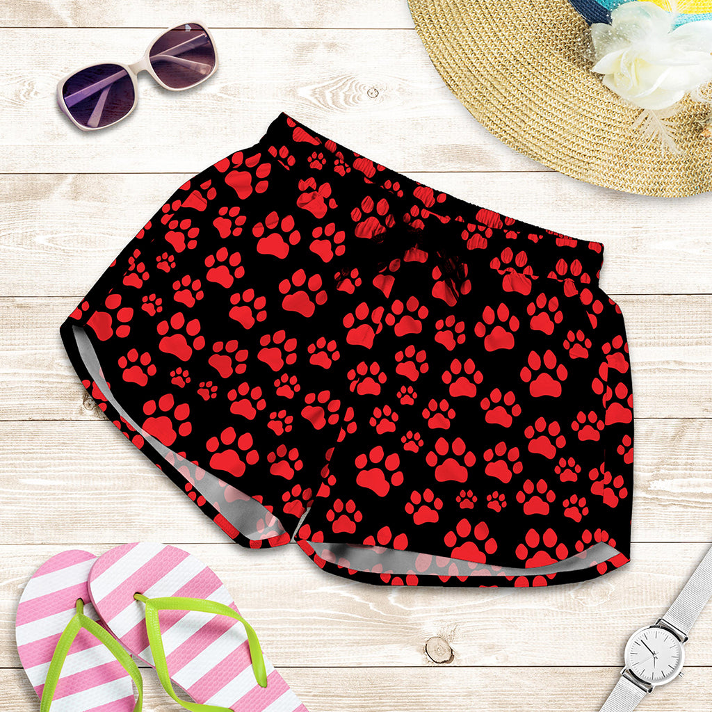 Red And Black Paw Pattern Print Women's Shorts