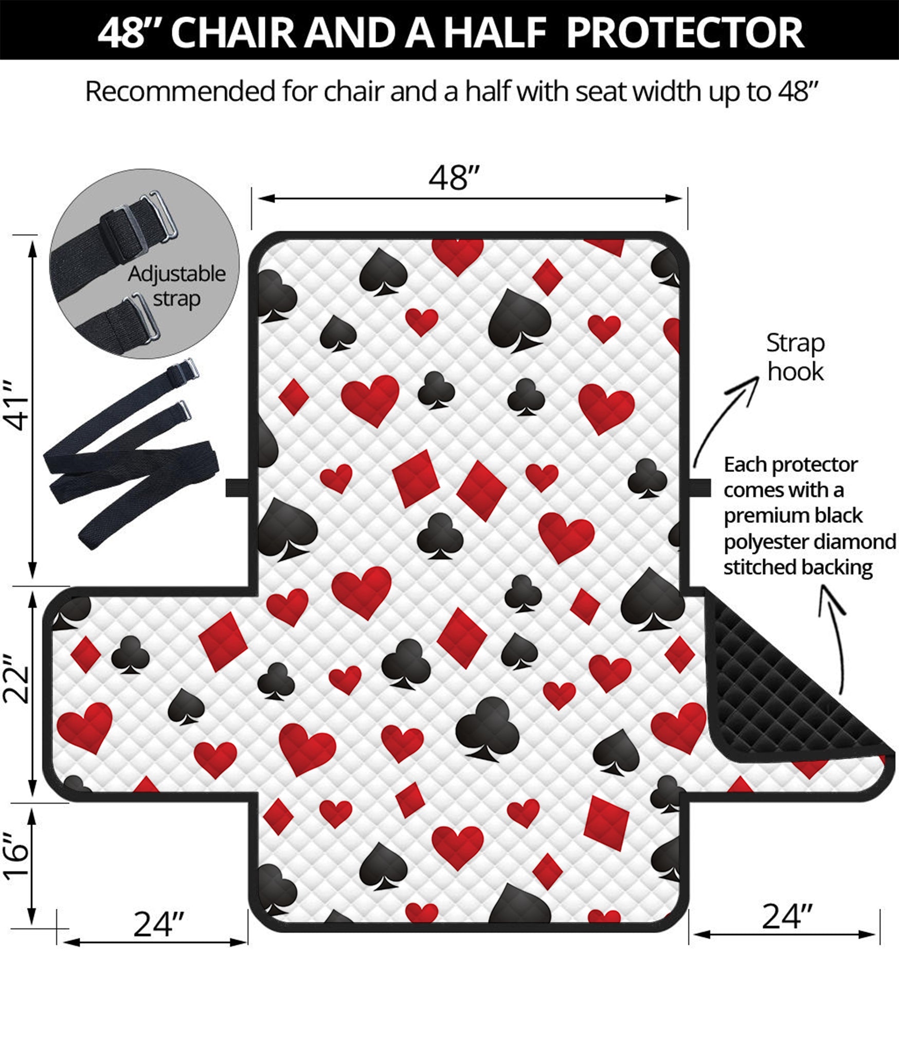 Red And Black Playing Card Suits Print Half Sofa Protector