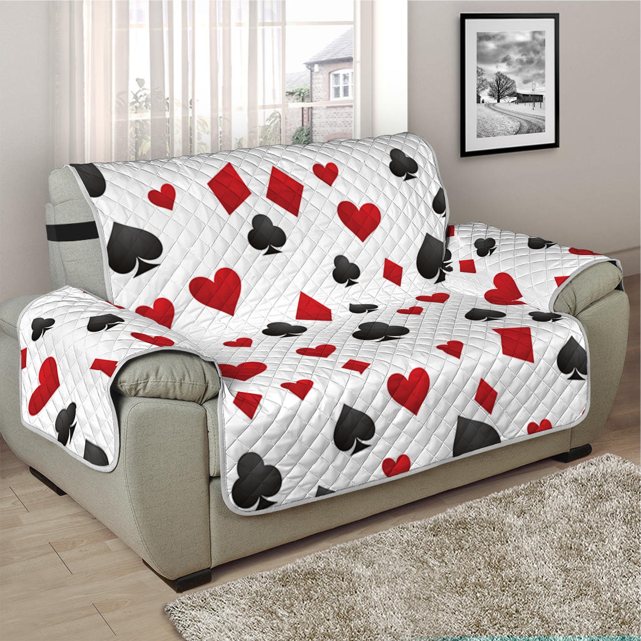 Red And Black Playing Card Suits Print Half Sofa Protector