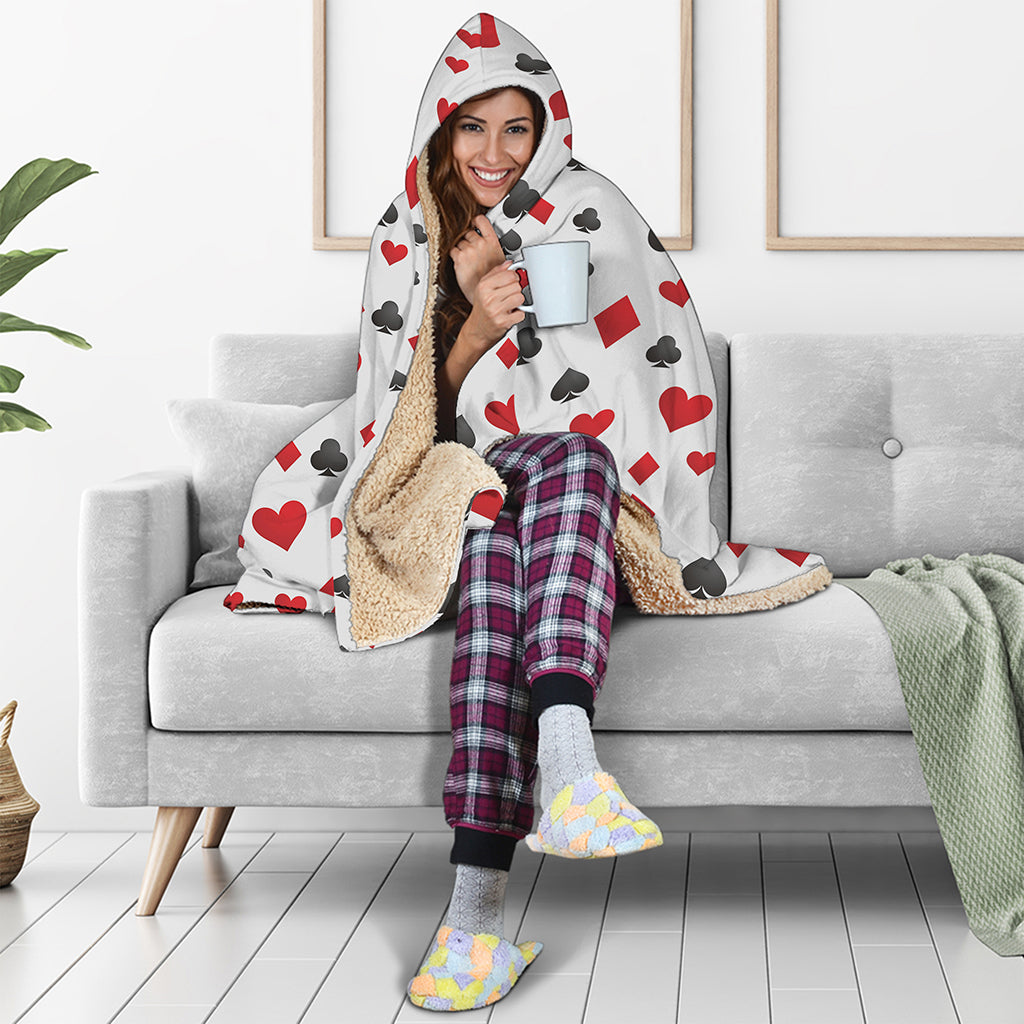Red And Black Playing Card Suits Print Hooded Blanket