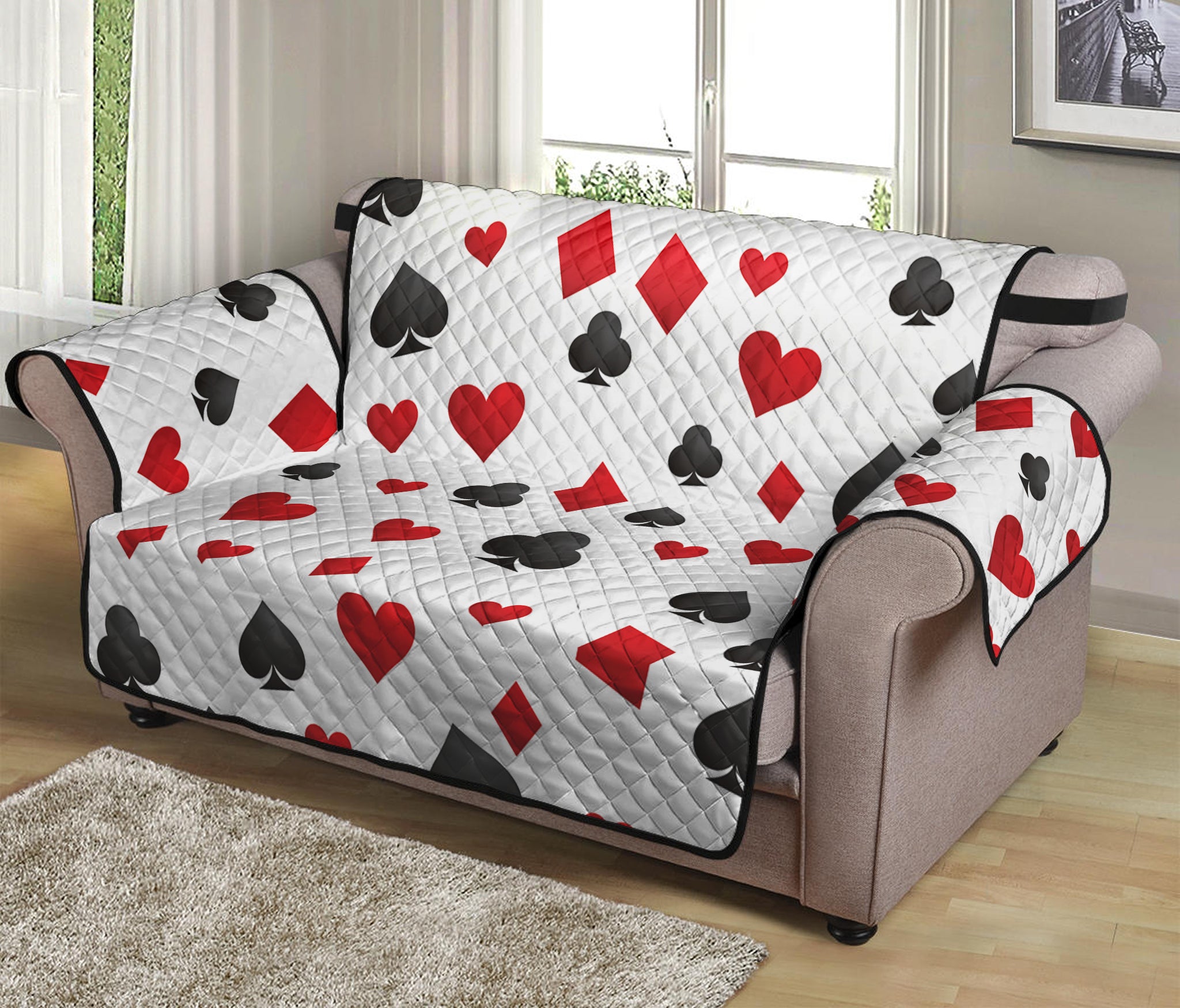 Red And Black Playing Card Suits Print Loveseat Protector