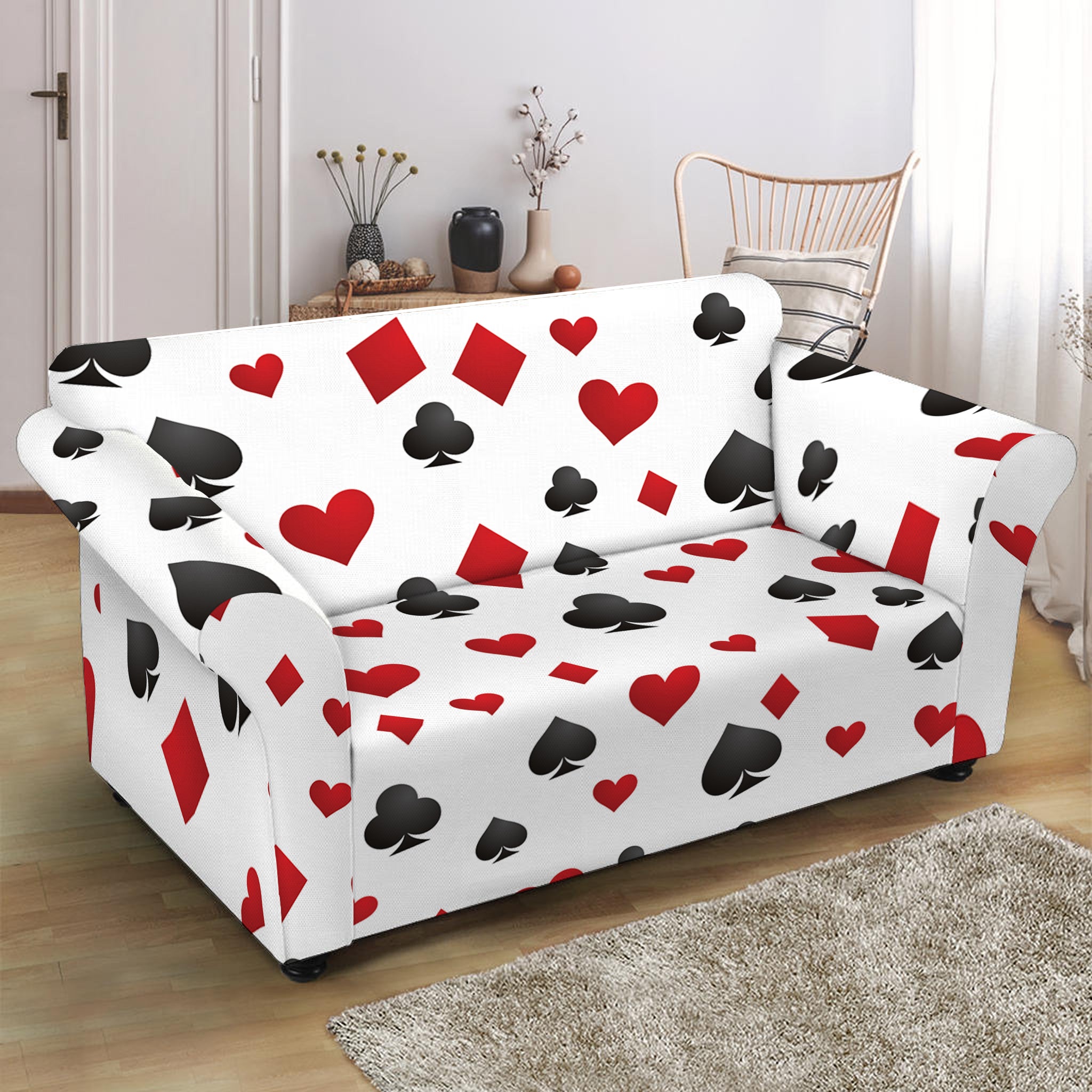 Red And Black Playing Card Suits Print Loveseat Slipcover