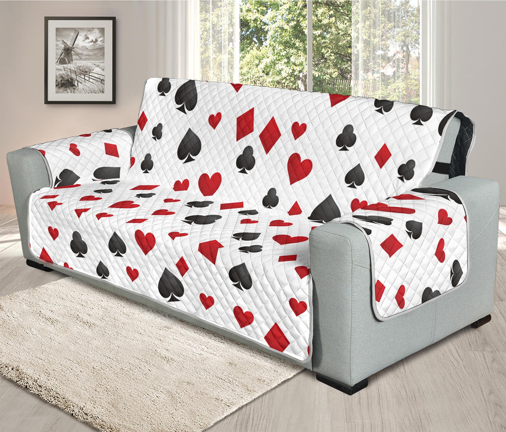 Red And Black Playing Card Suits Print Oversized Sofa Protector