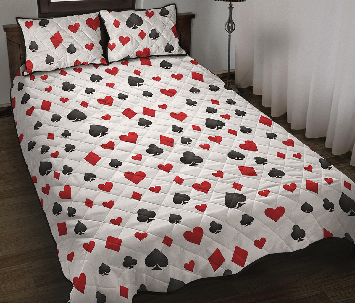 Red And Black Playing Card Suits Print Quilt Bed Set